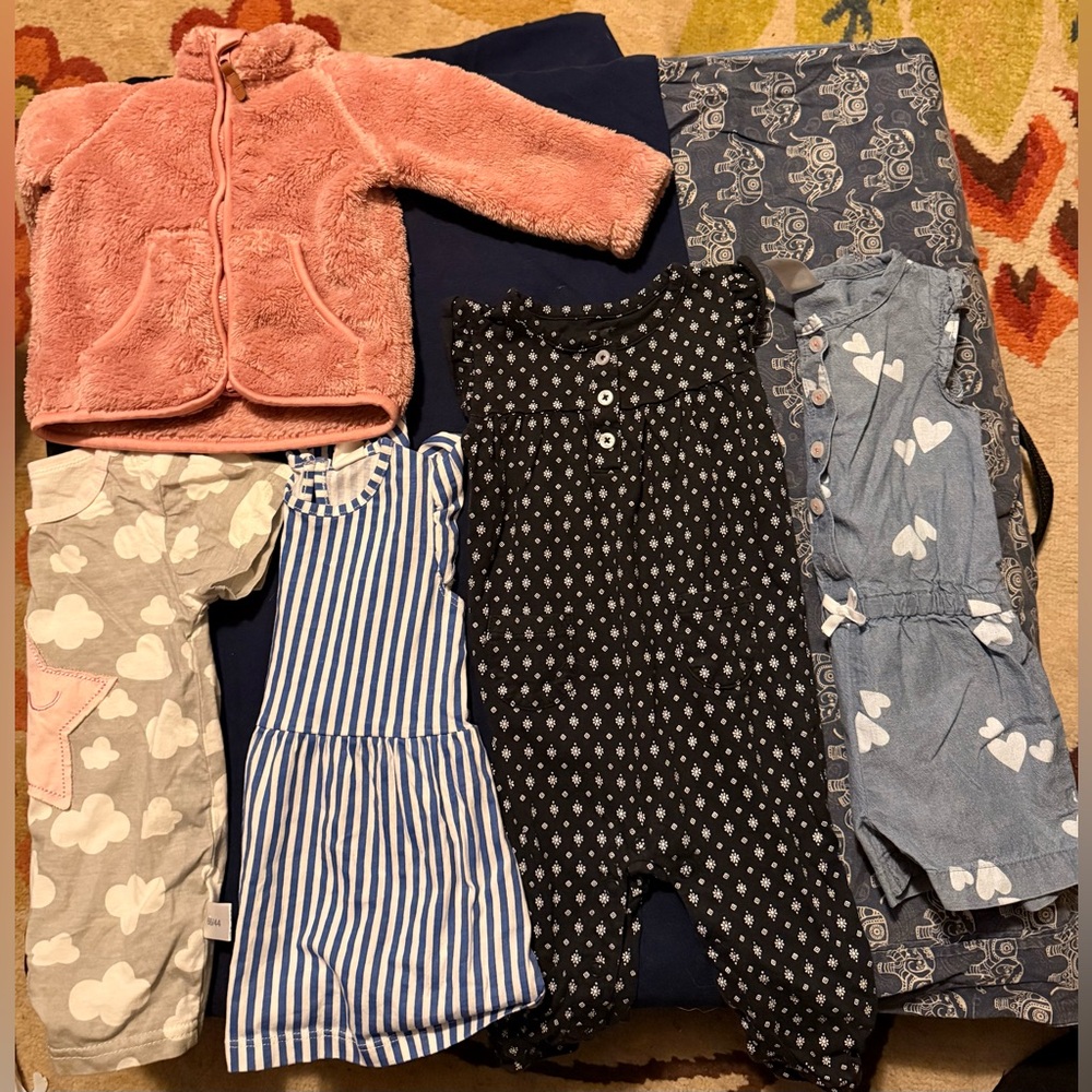 Assorted Baby Girls Clothing rompers and pink fuzzy jacket size 6 months